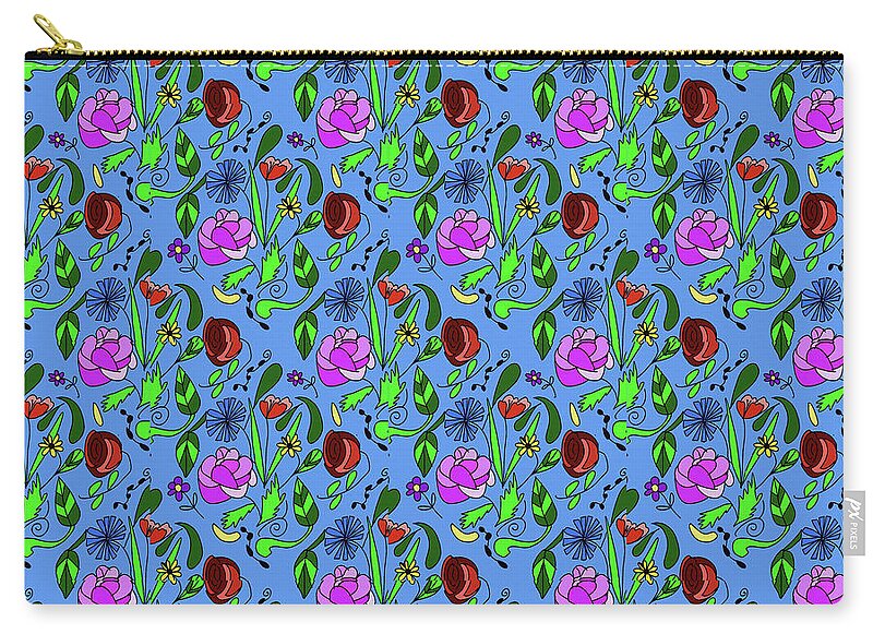 Colorful Floral Pattern on Blue - Zip Pouch