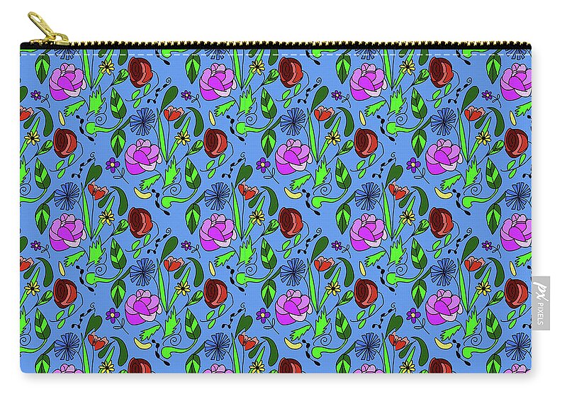 Colorful Floral Pattern on Blue - Zip Pouch