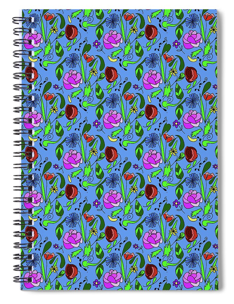 Colorful Floral Pattern on Blue - Spiral Notebook