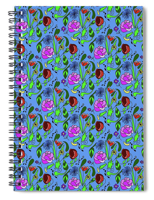 Colorful Floral Pattern on Blue - Spiral Notebook