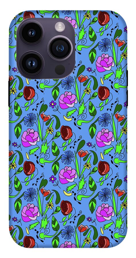 Colorful Floral Pattern on Blue - Phone Case