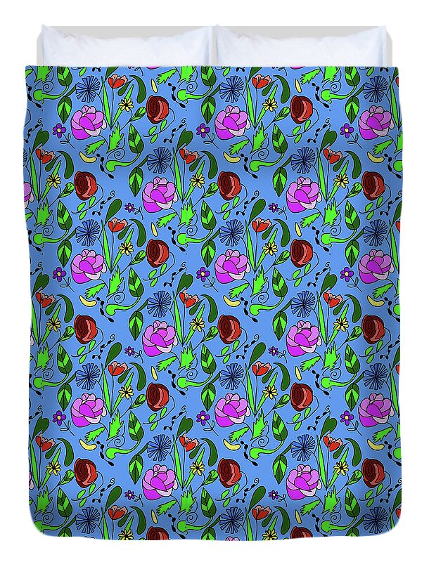 Colorful Floral Pattern on Blue - Duvet Cover