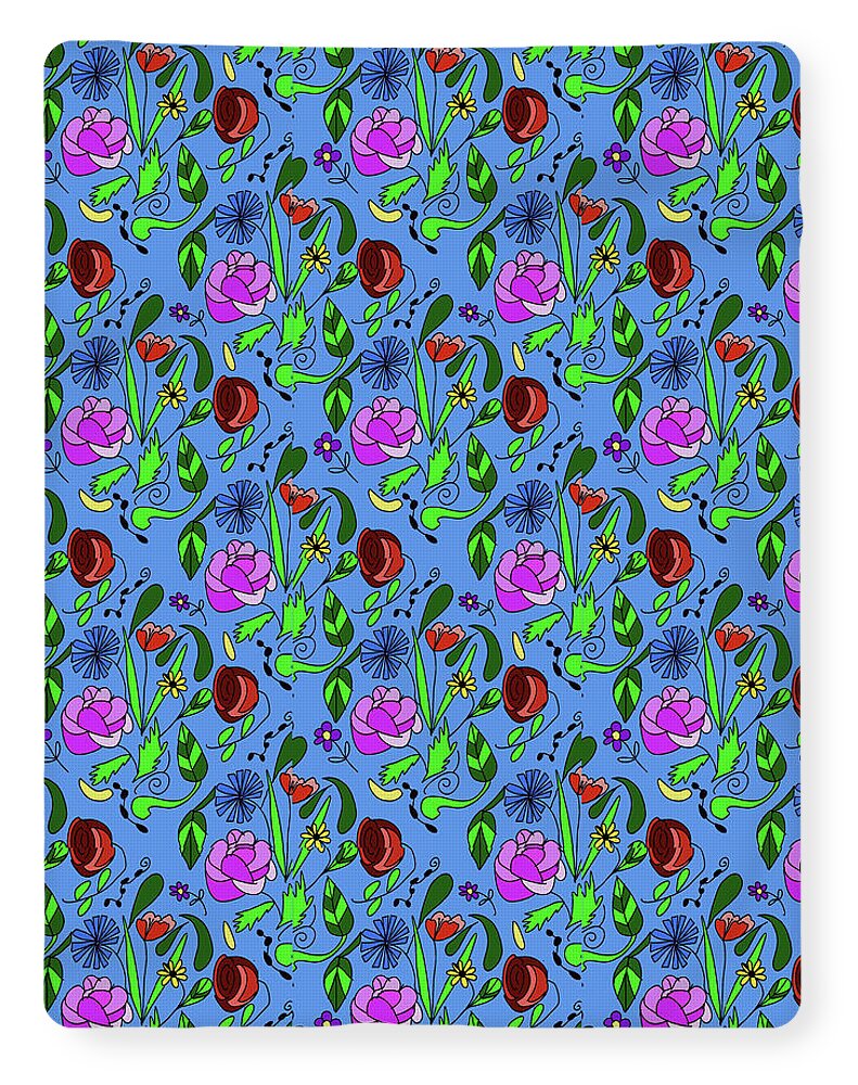 Colorful Floral Pattern on Blue - Blanket