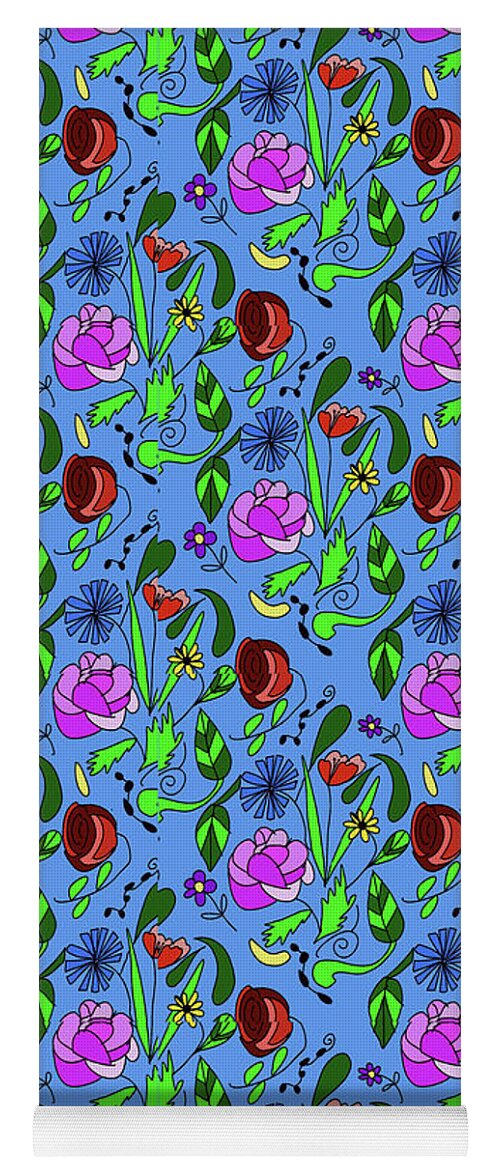 Colorful Floral Pattern on Blue - Yoga Mat