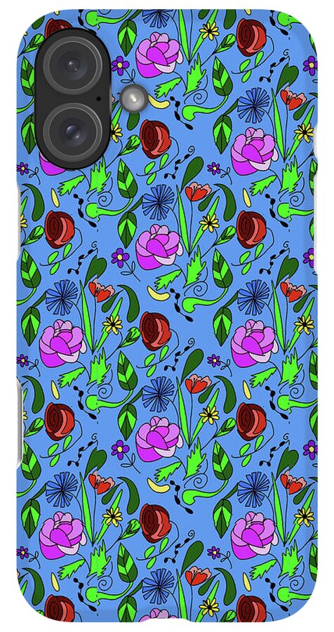 Colorful Floral Pattern on Blue - Phone Case