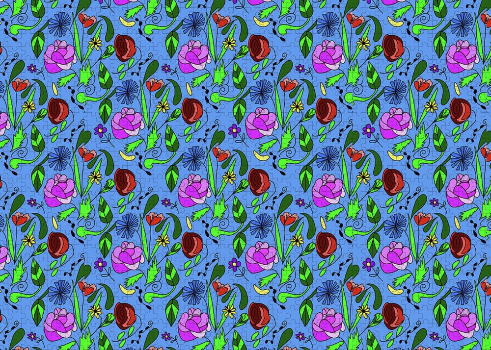 Colorful Floral Pattern on Blue - Puzzle