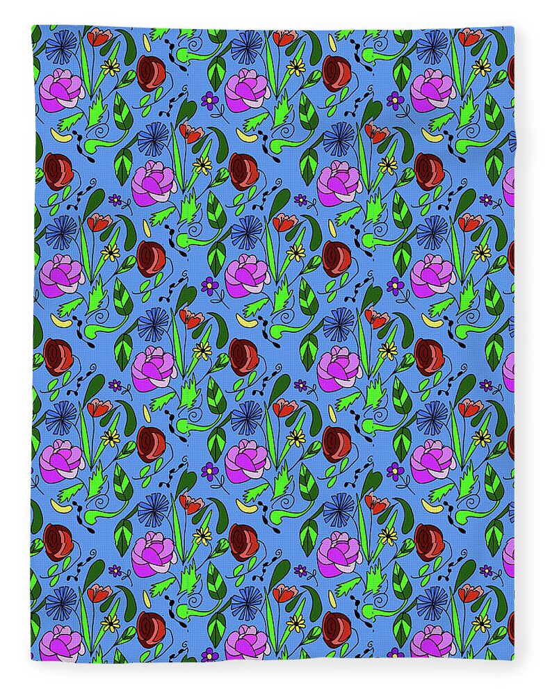 Colorful Floral Pattern on Blue - Blanket