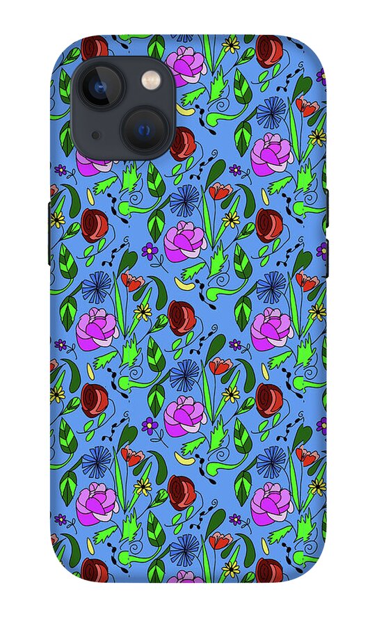 Colorful Floral Pattern on Blue - Phone Case