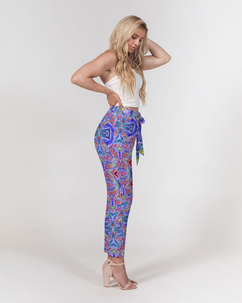 Blue Red Kaleidoscope Women's All-Over Print Belted Tapered Pants