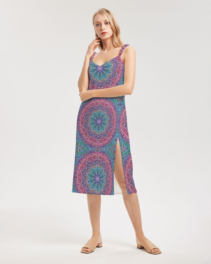 Blue Red Snowflake Kaleidoscope Women's All-Over Print Tie Strap Split Dress