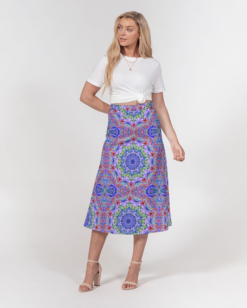 Blue Red Kaleidoscope Women's All-Over Print A-Line Midi Skirt