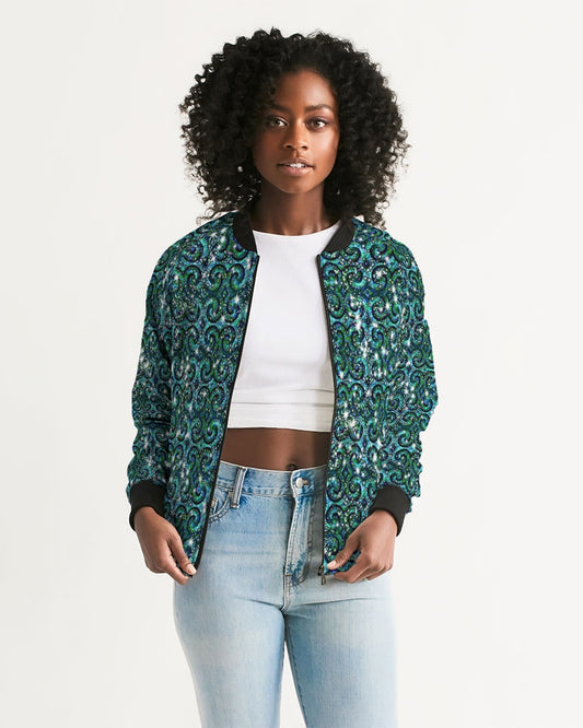 Blue Ice Sparkle Swirl Women's All-Over Print Bomber Jacket