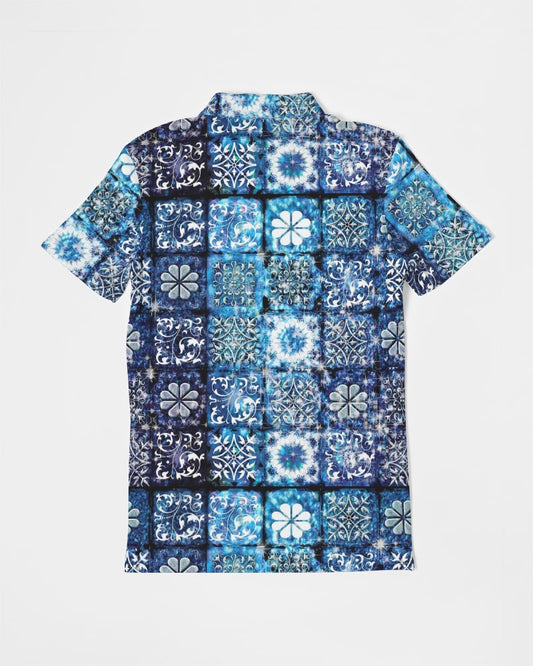Blue Ice Crystals Motif Men's All-Over Print Slim Fit Short Sleeve Polo