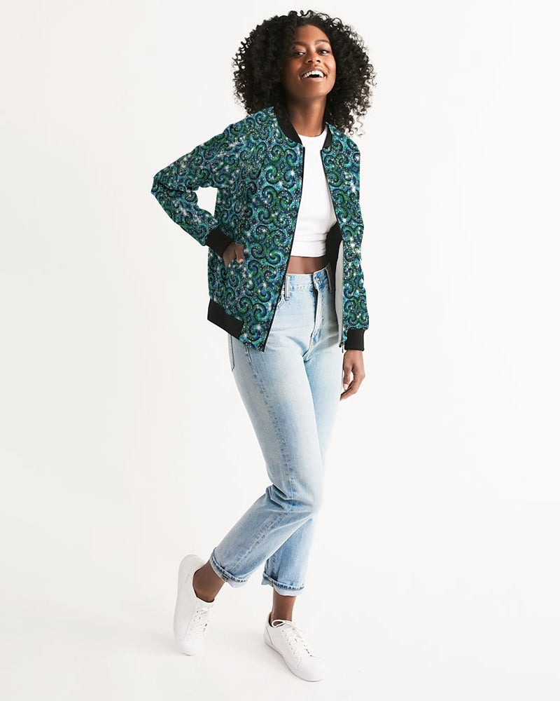Blue Ice Sparkle Swirl Women's All-Over Print Bomber Jacket