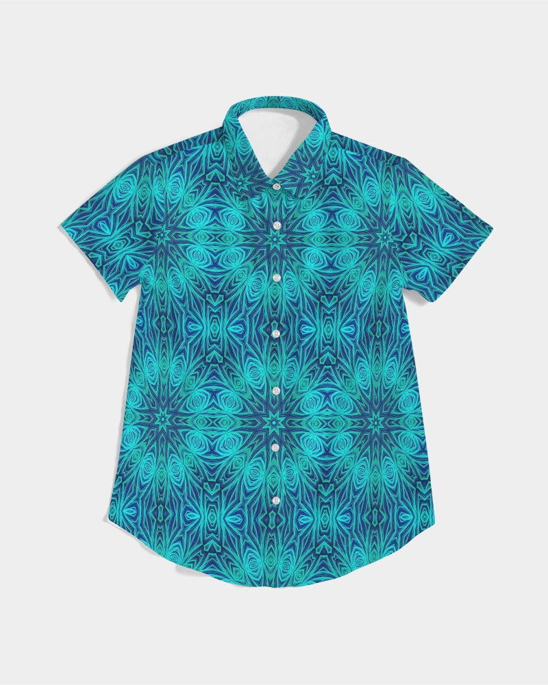 Blue Ice Kaleidoscope Women's All-Over Print Short Sleeve Button Up