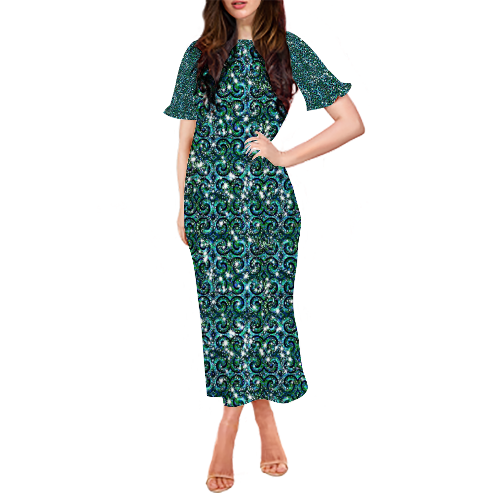 Blue Green Sparkle Swirl Custom Lotus Leaf Short Sleeve Long Dress Women's Summer Fashion Dress