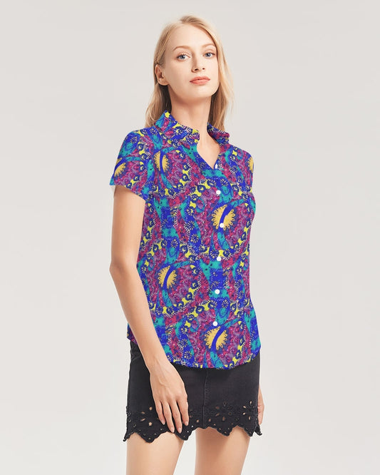 Caribbean Grafitti Women's All-Over Print Short Sleeve Button Up