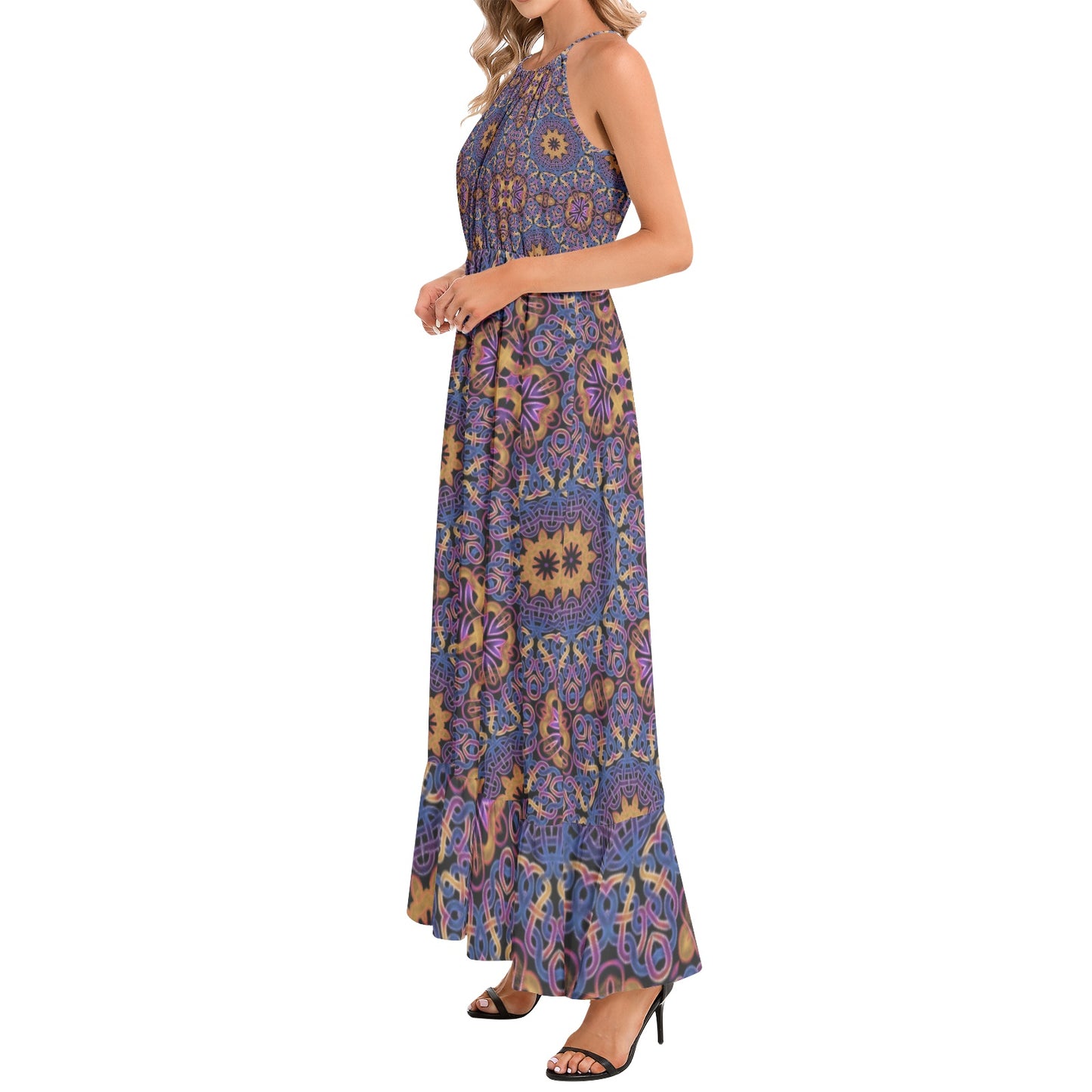 Blue Gold Celtic Kaleidoscope Ruffle Hem Halter Neck Maxi Dress