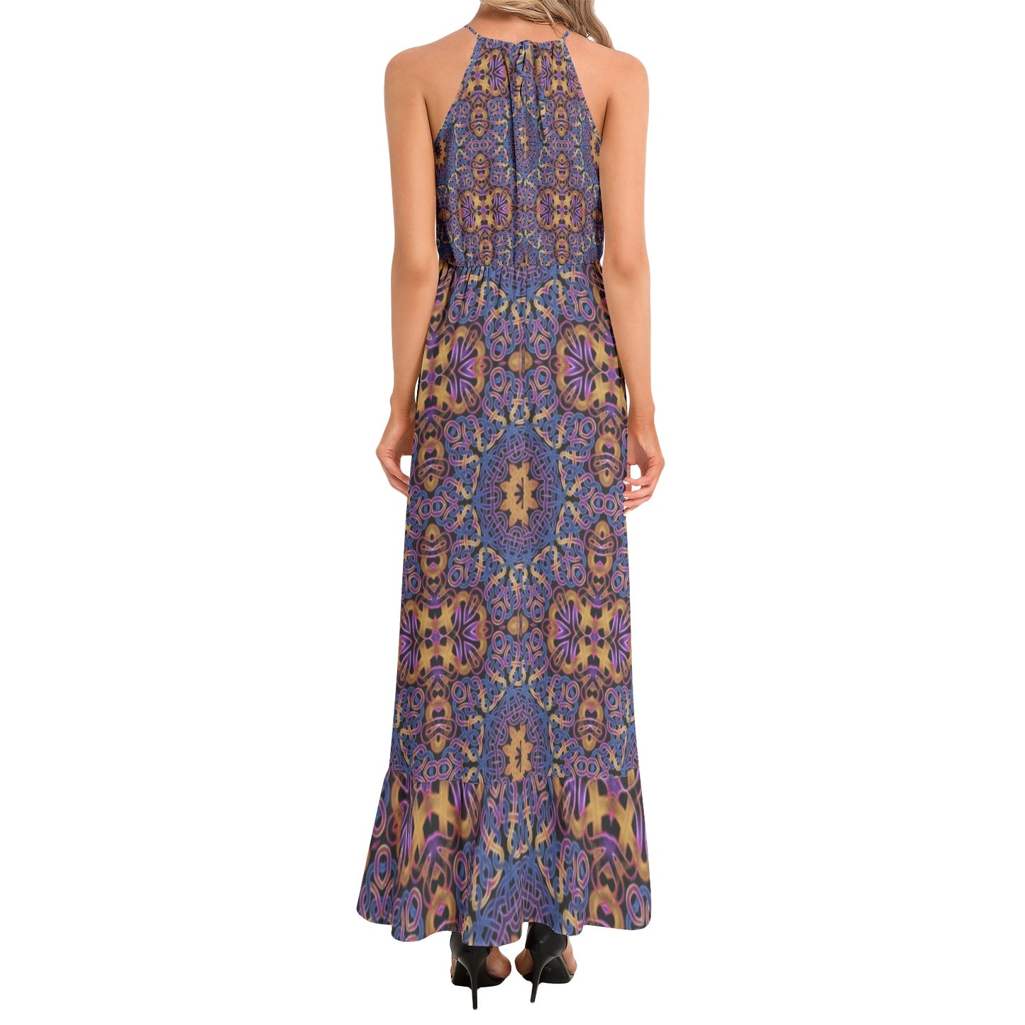 Blue Gold Celtic Kaleidoscope Ruffle Hem Halter Neck Maxi Dress