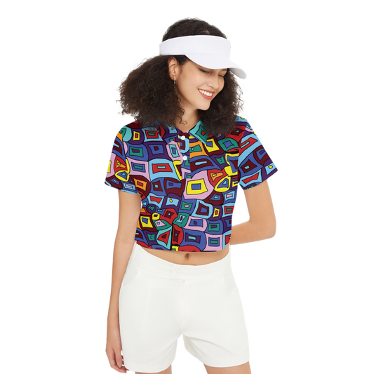 Wavy Square Pattern Women's Short-Sleeve Crop Polo Shirt-Heavyweight 225g