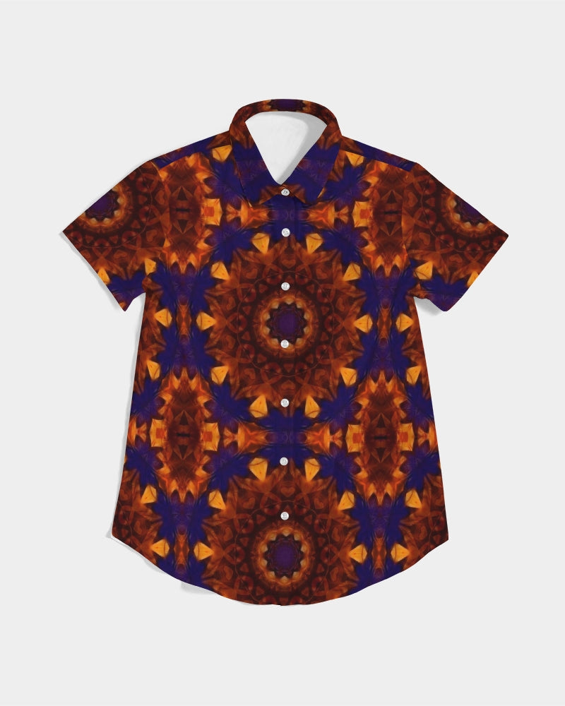 Blue Orange Red Kaleidoscope Women's All-Over Print Short Sleeve Button Up
