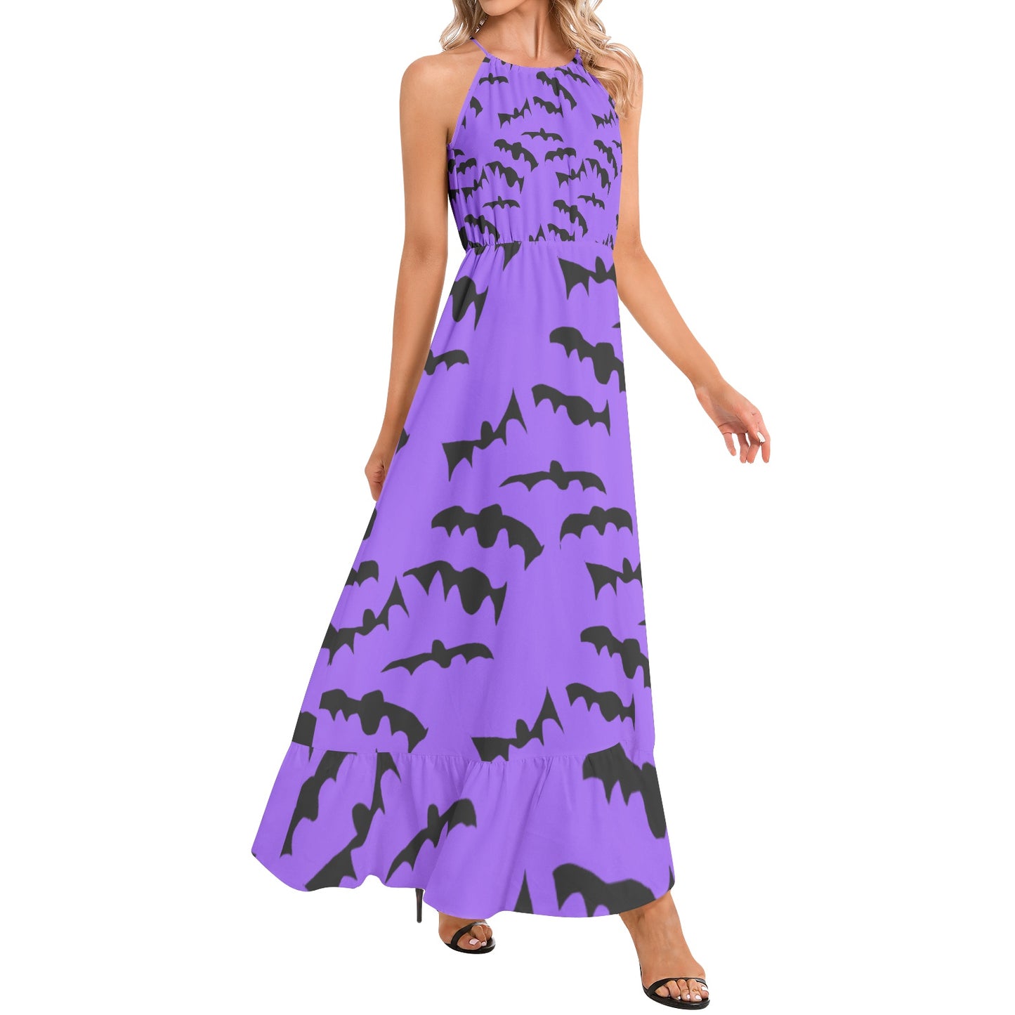 Bats Pattern Ruffle Hem Halter Neck Maxi Dress