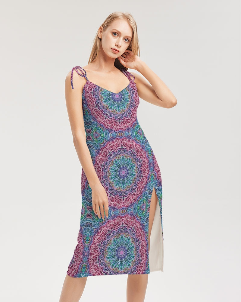 Blue Red Snowflake Kaleidoscope Women's All-Over Print Tie Strap Split Dress