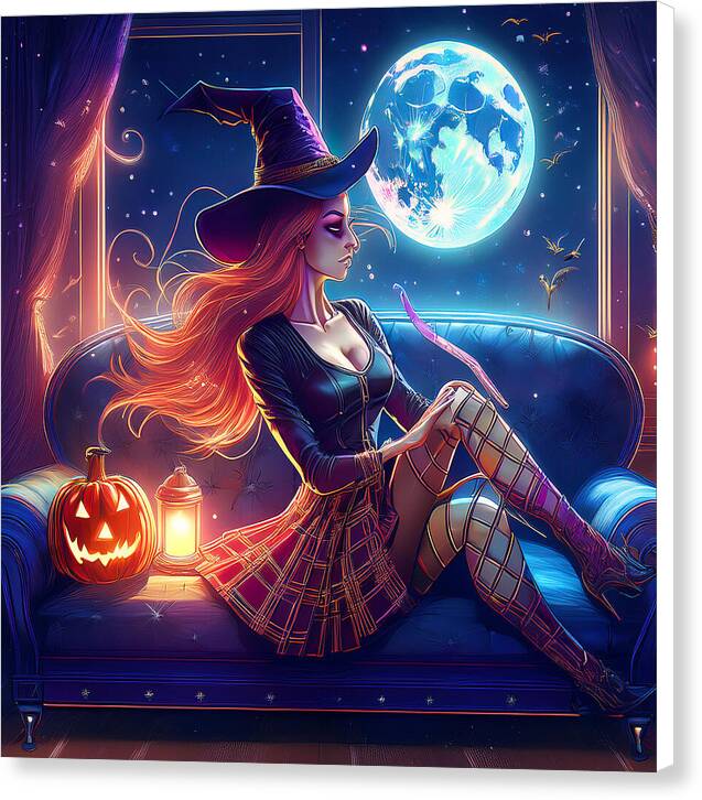 Enchanting Witch in Moonlit Room - Canvas Print