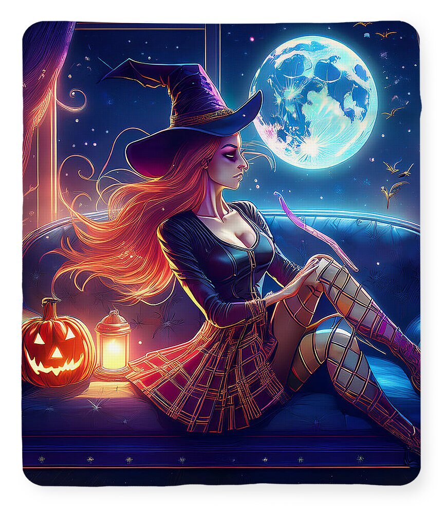 Enchanting Witch in Moonlit Room - Blanket