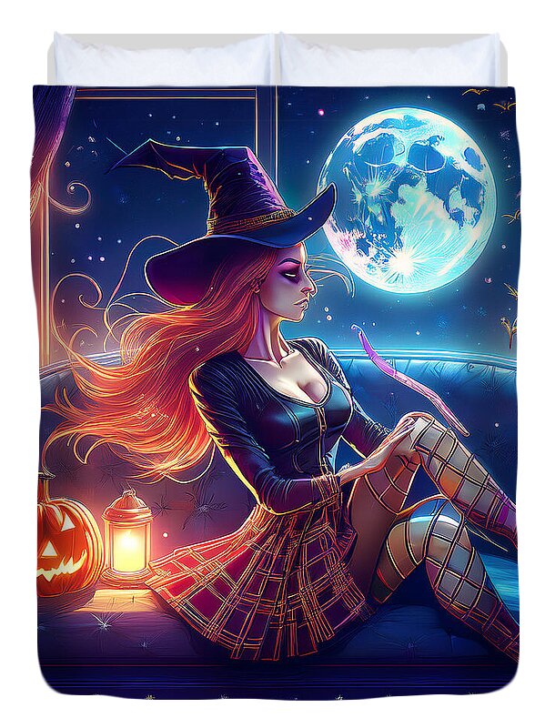 Enchanting Witch in Moonlit Room - Duvet Cover