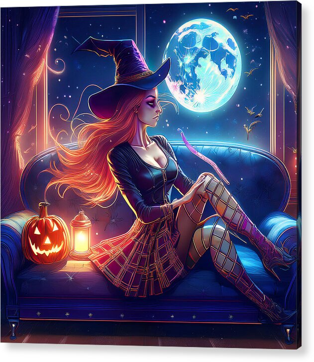 Enchanting Witch in Moonlit Room - Acrylic Print