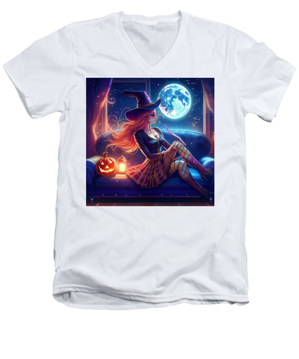 Enchanting Witch in Moonlit Room - Men's V-Neck T-Shirt