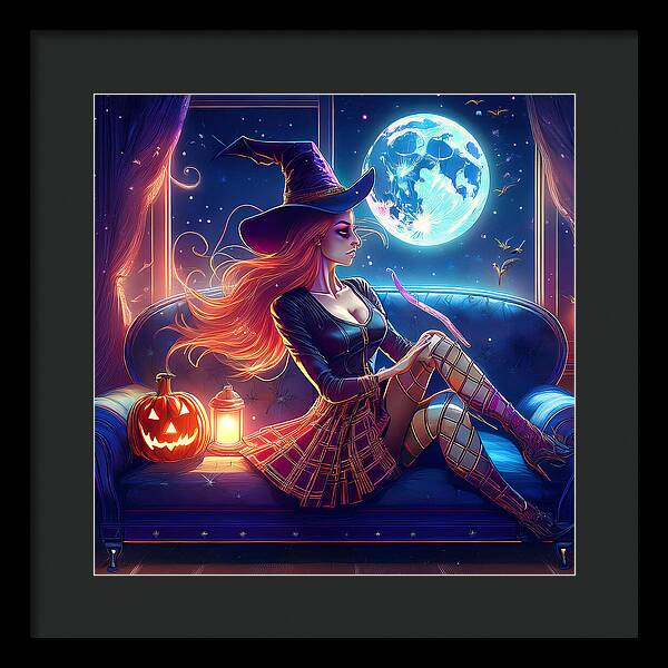 Enchanting Witch in Moonlit Room - Framed Print