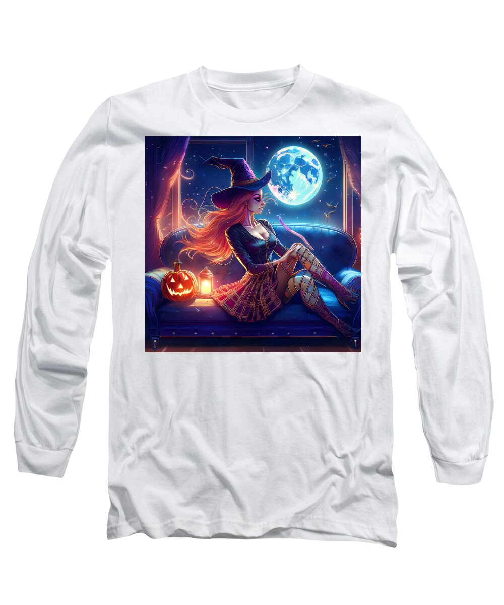 Enchanting Witch in Moonlit Room - Long Sleeve T-Shirt