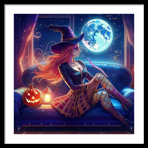 Enchanting Witch in Moonlit Room - Framed Print