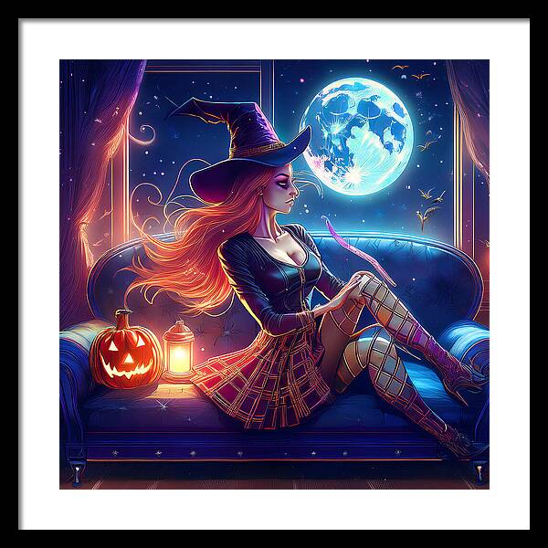 Enchanting Witch in Moonlit Room - Framed Print