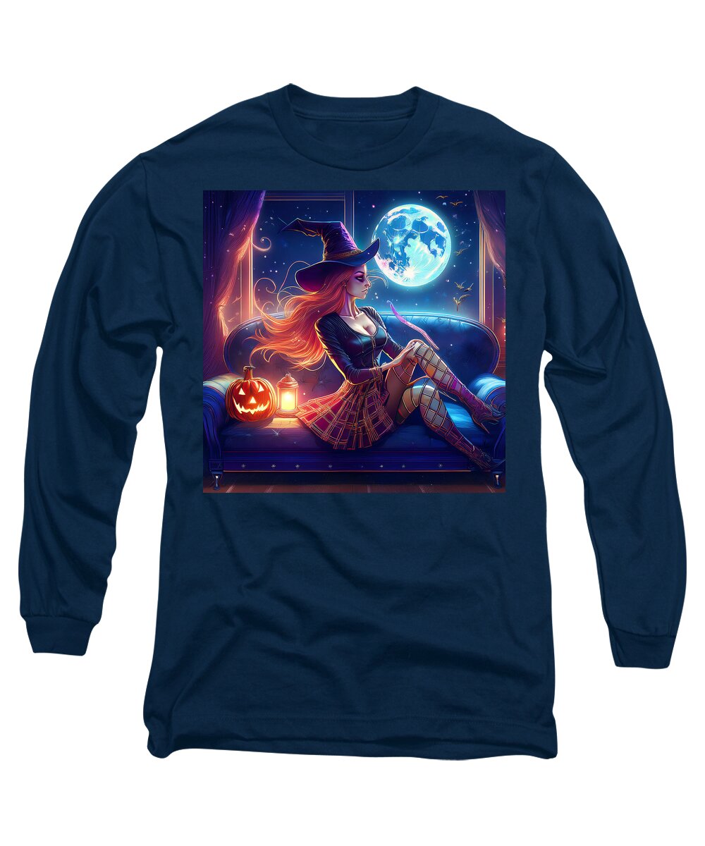 Enchanting Witch in Moonlit Room - Long Sleeve T-Shirt
