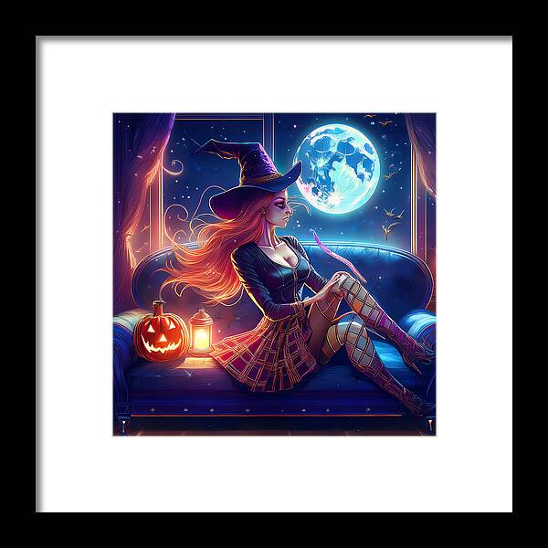Enchanting Witch in Moonlit Room - Framed Print