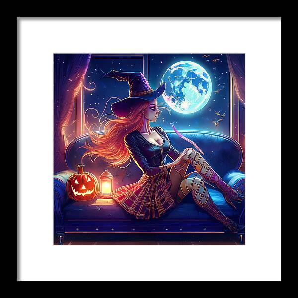 Enchanting Witch in Moonlit Room - Framed Print