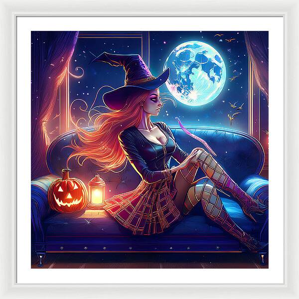 Enchanting Witch in Moonlit Room - Framed Print