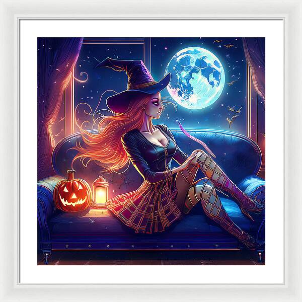 Enchanting Witch in Moonlit Room - Framed Print