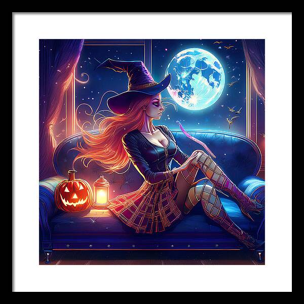 Enchanting Witch in Moonlit Room - Framed Print