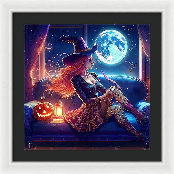 Enchanting Witch in Moonlit Room - Framed Print