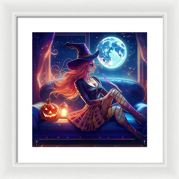Enchanting Witch in Moonlit Room - Framed Print