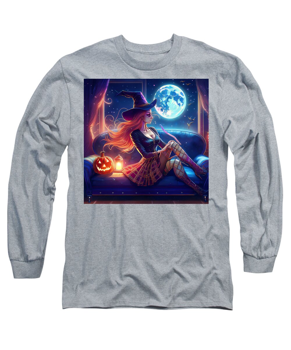 Enchanting Witch in Moonlit Room - Long Sleeve T-Shirt