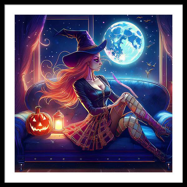 Enchanting Witch in Moonlit Room - Framed Print
