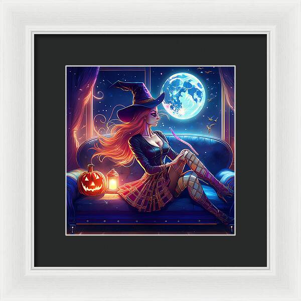 Enchanting Witch in Moonlit Room - Framed Print