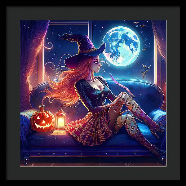 Enchanting Witch in Moonlit Room - Framed Print