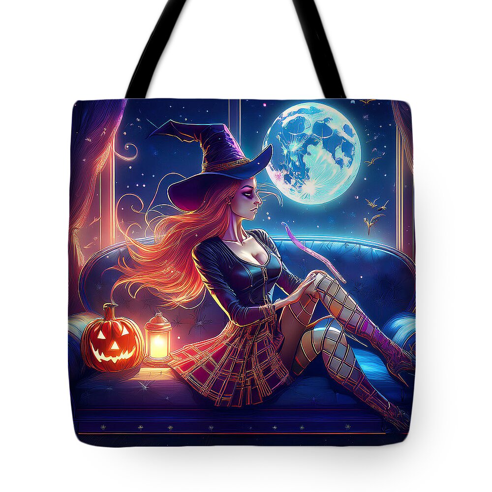 Enchanting Witch in Moonlit Room - Tote Bag