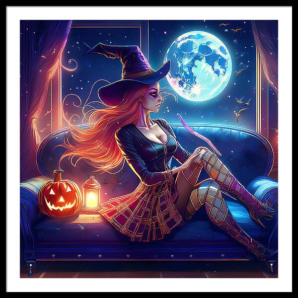 Enchanting Witch in Moonlit Room - Framed Print